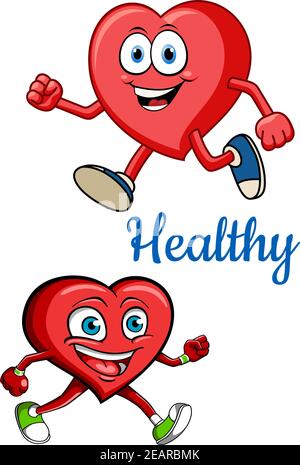 Concept de santé pour la cardiologie et la conception de soins de santé avec dessin animé rouge Jogging souriant personnages de coeur avec la légende bleue Healthy Illustration de Vecteur
