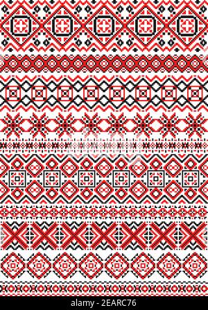 Motif géométrique brodé de style folklorique avec ornements rouges, noirs et blancs Illustration de Vecteur