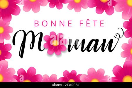 Bonne fête des mères - bonne tête Maman élégant calligraphie française et fond de fleur. Texte vectoriel dessiné à la main et rose sur blanc pour la fête des mères Illustration de Vecteur