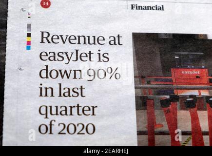 « le chiffre d'affaires d'easyJet a diminué de 90 % au dernier trimestre de 2020' Article financier titre de l'actualité des compagnies aériennes dans le journal Guardian 28 Janvier 2021 Londres Royaume-Uni Banque D'Images