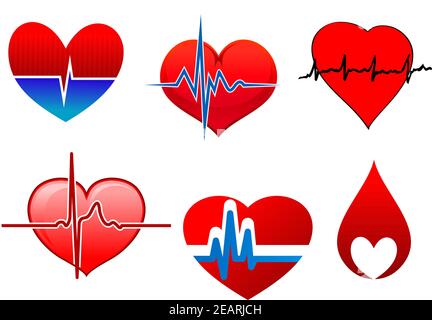 Ensemble d'icônes cardiologiques avec cœur rouge vif. L'un d'entre eux dans une goutte de sang et l'autre partie avec la ligne cardioïde de cardiogramme Illustration de Vecteur