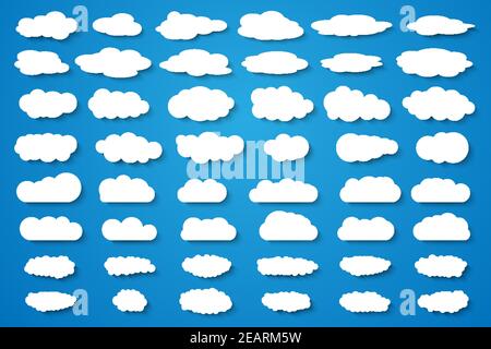 Nuages vecteur grand ensemble. Icônes blanches sur fond bleu. Illustration de Vecteur