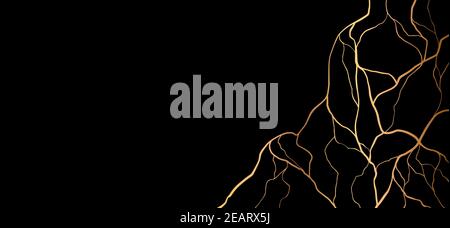 Golden kintsugi fissure affiche isolée sur noir. Élément décoratif abstrait dessiné à la main avec espace de copie. Illustration de Vecteur