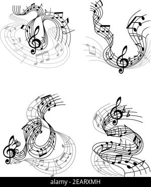 Abstrait Twisted compositions musicales design avec des ondes de musique, des notes et des aigus clef Illustration de Vecteur