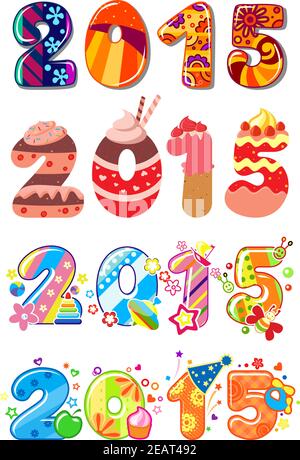 Jeux à thème amusants et colorés pour enfants 2015 avec gâteaux, crèmes, fleurs et jouets pour les fêtes et leçons de mathématiques pour enfants Illustration de Vecteur