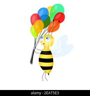 Motif sans couture avec adorable mascotte d'abeille de dessin animé. Une abeille gaie avec des ballons colorés sur fond de papier grille. Petite guêpe. Caractère vectoriel. Insecte Illustration de Vecteur