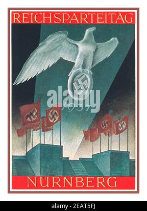 Vintage années 1930 la propagande nazie carte d'affiche "RICHSPARTEITAG NURNBERG Allemagne nazie 1937 avec l'aigle allemand embrassant l'emblème de la swastika Reichs Party Day Banque D'Images