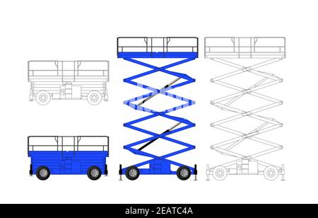 Ensemble de plateforme de levage de ciseaux isolée sur fond blanc. Relevage hydraulique. Illustration vectorielle plate. Illustration de Vecteur