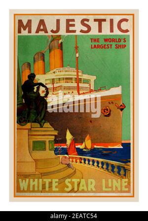 Vintage années 1930 RMS Majestic White Star Line, lancé en 1914 comme le SS Bismarck le plus grand navire au monde donné à la Grande-Bretagne comme réparation. . affiche originale imprimée en Belgique par O. de Rycker, Brussels Forest 1932 - par William J. Aylward (1875-1956). Banque D'Images