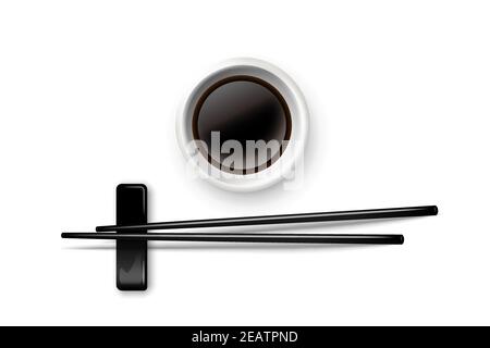 Bâtonnets de sushi et sauce soja dans un bol. Éléments de cuisine chinoise ou japonaise pour manger illustration vectorielle. Paire de bâtons en bois noir et plaque avec Illustration de Vecteur