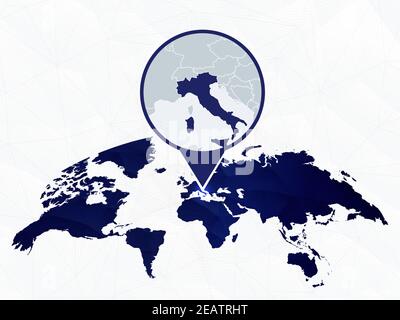 Italie carte détaillée mise en évidence sur la carte du monde arrondie en bleu. Carte de l'Italie en cercle. Illustration de Vecteur