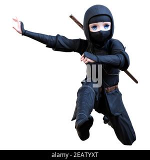 Dessin-modèle de rendu 3D Ninja Boy sur blanc Banque D'Images