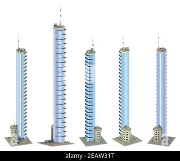 5 rendus de bâtiments fictifs avec balcons avec ciel nuageux reflet - isolé, différents côtés de vue 3d illustration de gratte-ciel Banque D'Images