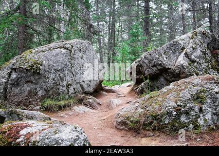 Un sentier de randonnée entre deux gros rochers Banque D'Images