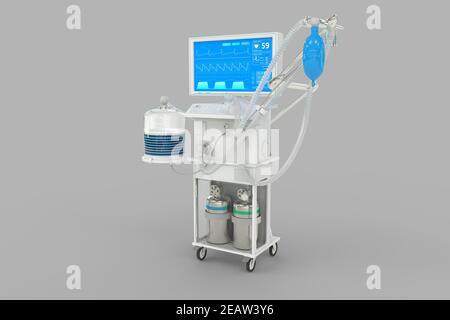 Illustration médicale 3D, ventilateur pulmonaire artificiel USI avec conception fictive isolé sur fond gris - HEAL 2019-ncov concept Banque D'Images