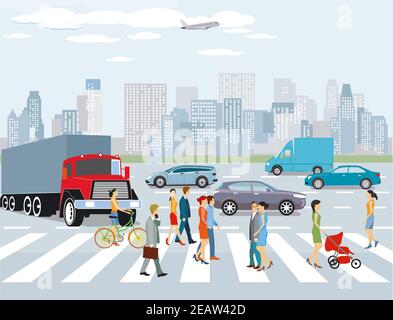 Ville avec circulation routière, immeubles d'appartements et piétons sur le passage de côté, illustration Banque D'Images