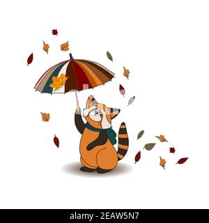 Composition d'automne isolée sur fond blanc. Autocollant d'automne. Animal mignon. Panda rouge Banque D'Images
