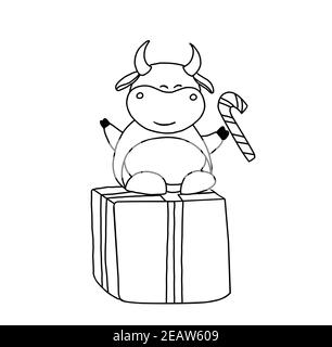 Année du taureau. Page de coloration de boeuf les animaux sont cornés. Illustration pour enfants taureau ou bœuf. Noël et nouvel an. Symbole de l'année. 2021 Banque D'Images
