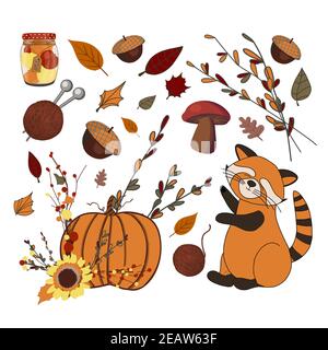 ensemble d'icônes d'automne. Composition d'automne. Autocollants. Panda rouge mignon. Citrouille. Récolte. Jour de Thanksgiving. Illustration isolée sur fond blanc Banque D'Images