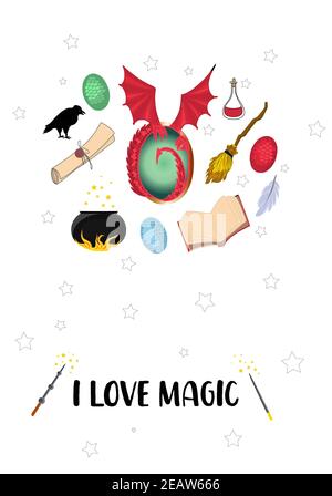 J'aime la magie. Carte postale avec objets magiques. MYSTÈRE ET MAGIE Banque D'Images