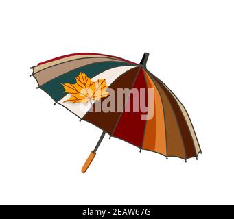 Parapluie avec feuilles d'automne. Saison d'automne. Le parasol est isolé sur un fond blanc. Illustration Banque D'Images