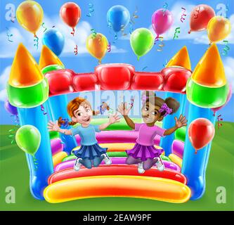 Bouncy House Castle Jumping Girls dessin animé pour enfants Illustration de Vecteur