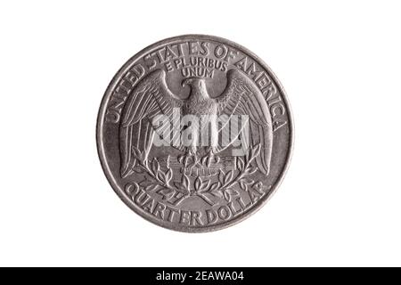 Pièce de nickel d'un quart de dollar américain (25 cents) Inverser avec un aigle à tête blanche avec des ailes étalées coupées et isolé Banque D'Images