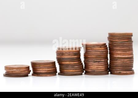 Vue latérale des piles de pièces de monnaie augmentant en hauteur, sur fond blanc studio isolé, business et concept financier Banque D'Images