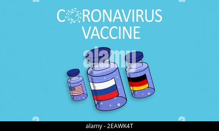 Flacons de vaccin coronavirus COVID-19 et banderole d'ampoule avec drapeaux russe, allemand et américain, illustration sur le thème des pays en développement de vaccins Banque D'Images