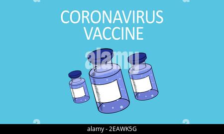 Concept de soins de santé et de guérison flacons de vaccin coronavirus COVID-19 avec étiquette vierge d'espace de copie, bannière avec ampoule Banque D'Images