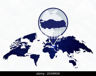 Turquie carte détaillée mise en évidence sur la carte du monde arrondie en bleu. Carte de la Turquie en cercle. Illustration de Vecteur