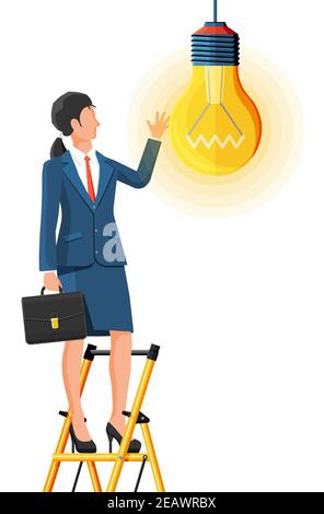 Femme d'affaires avec biefcase sur échelle crée une nouvelle idée. Concept d'idée créative ou d'inspiration, démarrage d'entreprise. Ampoule en verre à spirale plate. Illustration vectorielle Illustration de Vecteur