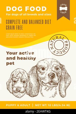 Modèle d'étiquette de nourriture pour chien. Résumé Vector Packaging Design Layout. Bannière typographique moderne avec Beagle Puppy dessiné à la main et visages d'esquisse pour adultes Illustration de Vecteur