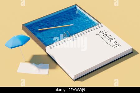 bloc-notes avec le mot vacances écrit dessus, une piscine, un parapluie avec serviette et un crayon flottant dans l'eau. rendu 3d Banque D'Images