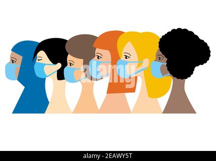 Portraits d'un groupe de 6 femmes représentant les continents du monde portant un masque médical. Concept d'infirmière de diversité multiethnique. Illustration Banque D'Images