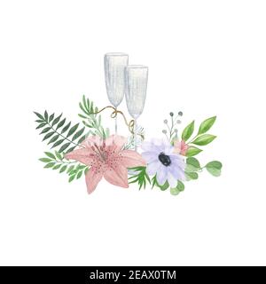 Lily, fleur d'anémone, feuilles vertes, verres à champagne, arrangement floral décoratif dessin à la main de style vintage aquarelle illustration pour accueillir voiture Banque D'Images