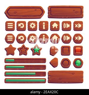 Boutons en bois pour le jeu ui, éléments gui isolés sur fond blanc. Kit de dessin animé vectoriel de bannières en bois marron, boutons de menu avec des signes, flèches et barre de progression pour le jeu mobile Illustration de Vecteur