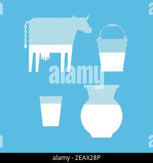 Kit de lait. Vache et seau. Verseuse et verre. Jeu d'icônes d'emballage pour lait Illustration de Vecteur