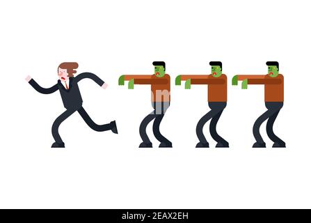 Zombie chasse l'homme. Zombi en train de courir après Guy. La marche verte mort hante l'homme. Illustration vectorielle Illustration de Vecteur