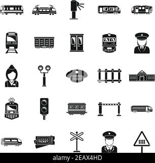 Jeu d'icônes de transport de conducteur de train électrique, style simple Illustration de Vecteur
