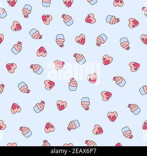 Cupcake doux joli motif vectoriel sans couture. Peut être utilisé dans les textiles, pour la conception de livre, le site web arrière-plan.Valentines jour ou mariage romantique imprimé. Illustration de Vecteur