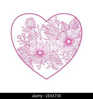 Coeur avec fleurs en zentangle pour la Saint-Valentin, isolé sur fond blanc. Illustration vectorielle dessinée à la main. Décoration flopale rouge et blanche Illustration de Vecteur