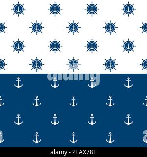 Motif marin sans couture avec casque bleu et ancrages sur le blanc. Déco volant bateau et bateau. Arrière-plan marin avec barre. Vecteur d'été fl Illustration de Vecteur