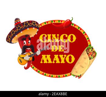 Icône vecteur Cinco de Mayo. Piment Mariachi au sombrero jouant de la guitare, du burrito et du jalapeno rouge. Personnage mexicain au poivron rouge avec moustaches pla Illustration de Vecteur