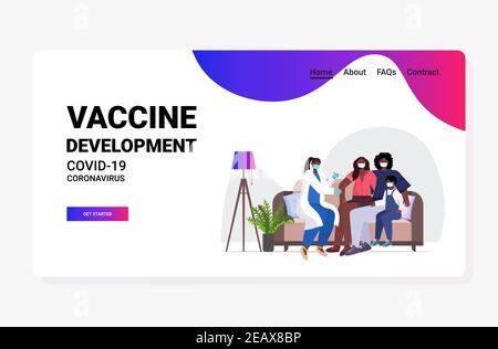 femme médecin vaccinant les patients de la famille afro-américaine dans des masques à lutte contre le coronavirus concept de développement de vaccins vecteur horizontal pleine longueur illustration Illustration de Vecteur