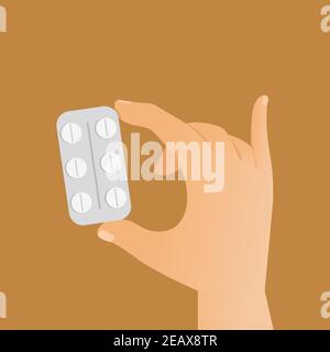 Blister en plastique à main avec pastilles rondes blanches illustration vectorielle plate isolée sur fond beige. Comprimés d'analgésique, d'antibiotique ou de vitamine dans l'emballage. Médicaments pour traiter la maladie. Illustration de Vecteur