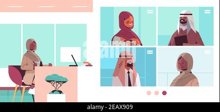 femme médecin arabe ayant une vidéoconférence avec des spécialistes médicaux arabes dans les fenêtres de navigateur web médecine santé communication en ligne concept horizontal illustration vectorielle Illustration de Vecteur