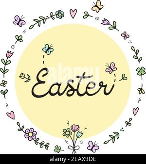 Illustration vectorielle de la couronne fleurie de Pâques. Fleurs, plantes et papillons dessinés à la main en cercle avec écriture manuscrite. Carte de vœux de saison, isol Illustration de Vecteur