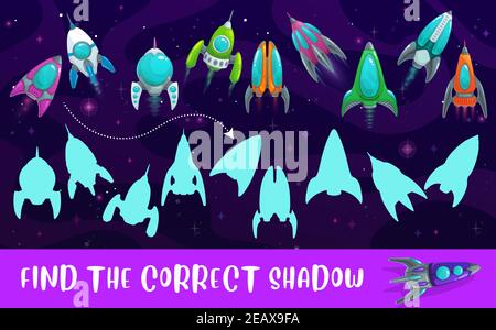 Jeu d'enfants ombre match avec des fusées vectorielles, trouver l'activité logique correcte d'enfants de l'ombre, préscolaire ou maternelle énigme éducative avec des navires spatiaux Illustration de Vecteur