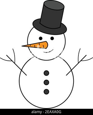 Icône représentant un bonhomme de neige d'hiver avec contour. Saisonnier, vacances, bonhomme de neige de noël avec nez de carotte, yeux, boutons, branches et chapeau. Illustration de Vecteur